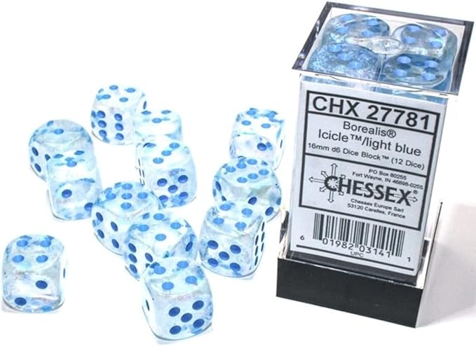 Chessex Borealis 16mm d6 Icicle/light blue Luminary Dice Block (12 dice)