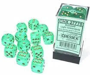Chessex Borealis 16mm d6 Light Green/gold Luminary Dice Block (12 dice)