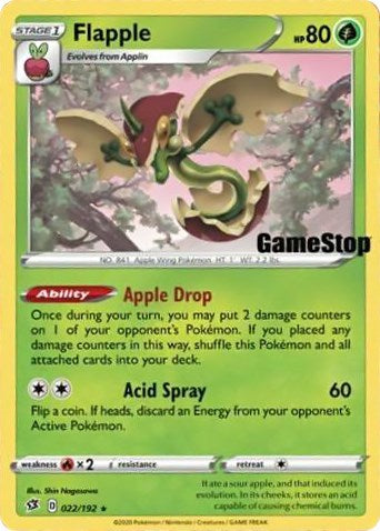 gamestop flapple pokemon card 2020 Pokmon Rebel Clash Promo 022/192 CGC 8.5 NM/Min Oblivion Collectibles Grass Rarity Pokemon 2020 S2 Rebellious Clash