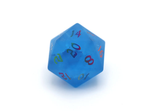 BRB022 D20 Single Gemstone D20 Die - Sea Blue w/ Rainbow Numbers