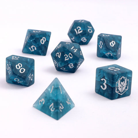 Dragon's Hoard Dice Set - Blasted Glass - Frosted Dark Blue Glass