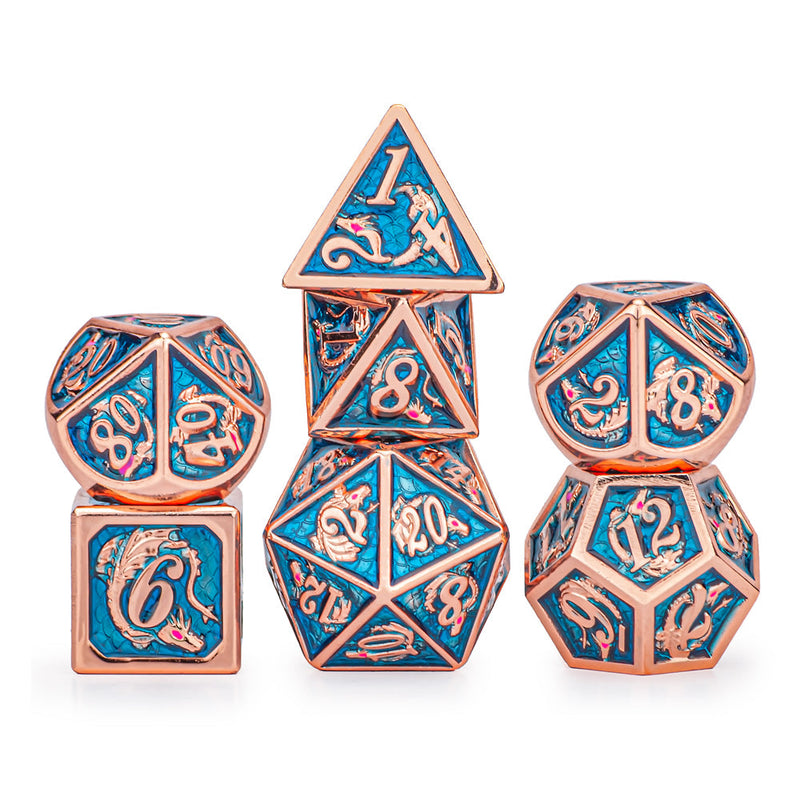 Solid Metal Dragon Dice Set - Copper with Light Blue