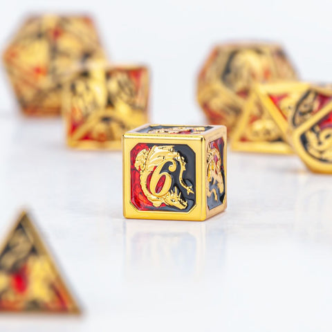 Solid Metal Dragon Dice Set - Gold with Red/Black
