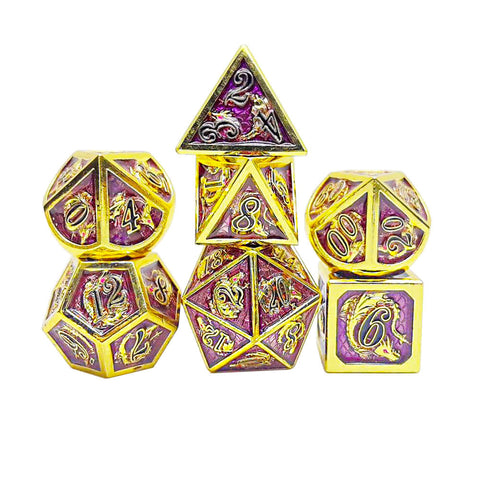 Solid Metal Dragon Dice Set - Gold with Purple