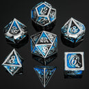 Solid Metal Dragon Dice Set - Silver with Black and Blue