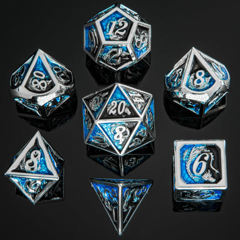 Solid Metal Dragon Dice Set - Silver with Black and Blue