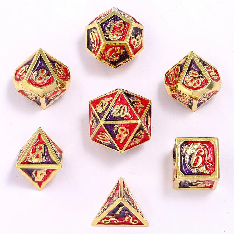 Solid Metal Dragon Dice - gold w/Red & Purple