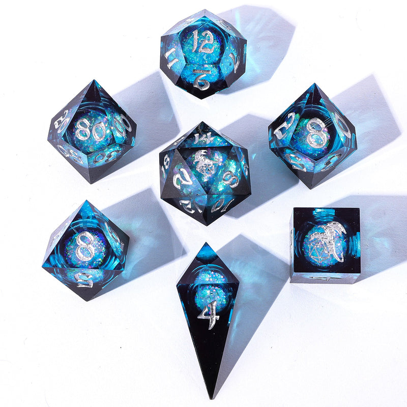 Captured Magic Liquid Core Hand Sanded Sharp Edge Resin Dice Set- Twilight Azure