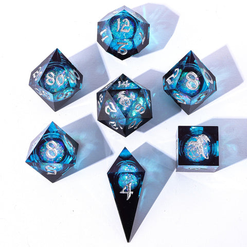 Captured Magic Liquid Core Hand Sanded Sharp Edge Resin Dice Set- Twilight Azure
