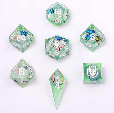 Captured Magic Hand Sanded Sharp Edge Resin - Liquid Core Dice set - Butterfly Kaleidoscope