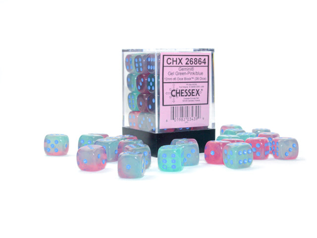 Chessex Gemini Gel Green-Pink/Blue Luminary 12MM D6 Dice Block