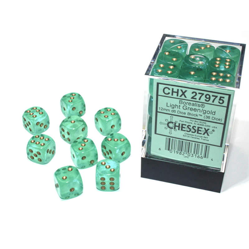 Chessex Borealis 12mm d6 Light Green/gold Luminary Dice