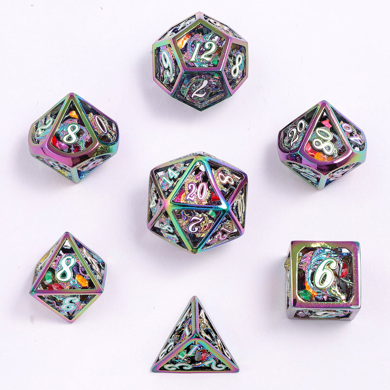 Hollow Dragon Dice Set Filled With Gems - Rainbow