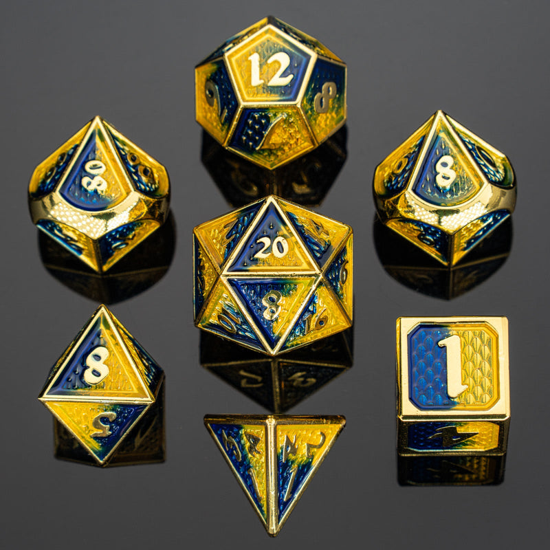 Solid Metal Behemoth Dice Set - Gold with Yellow and Blue Enamel