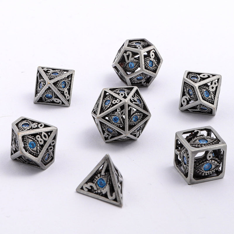 MINI Dragon's Eye Hollow Metal Dice Set - Aqua Blue Gems