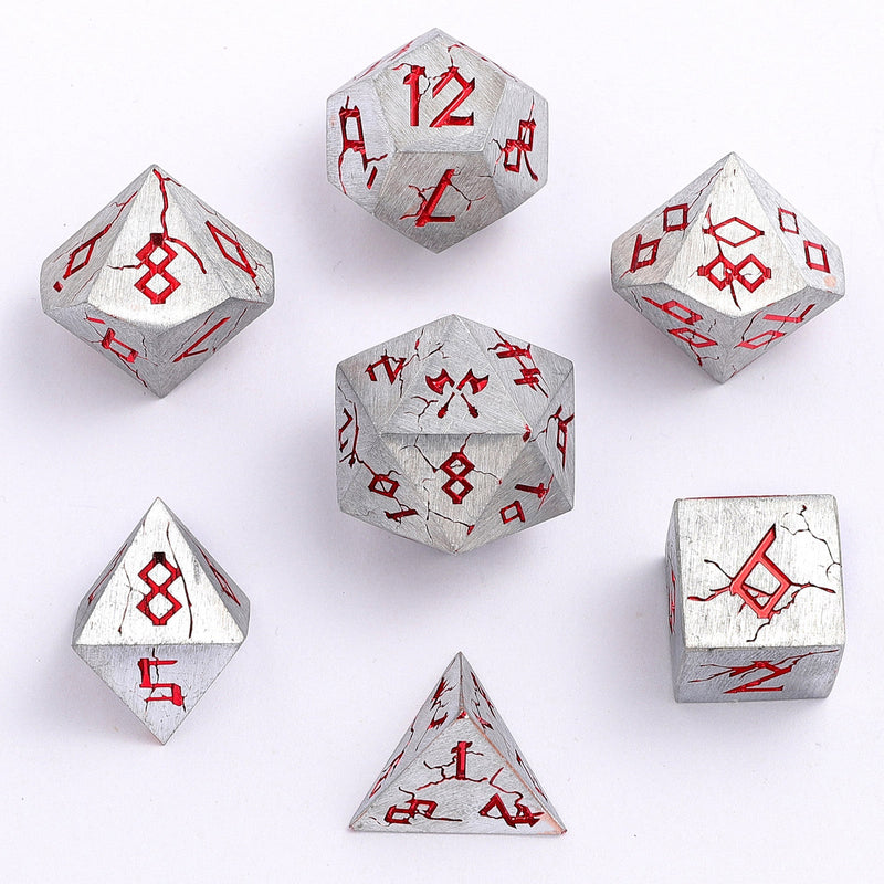 Barbarian Solid Metal Dice Set - Matte Silver and Red