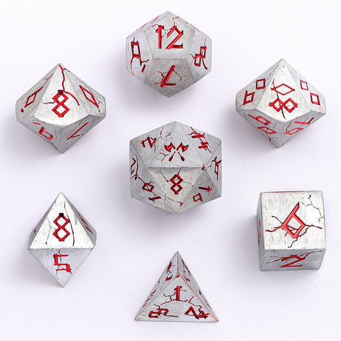 Barbarian Solid Metal Dice Set - Matte Silver and Red