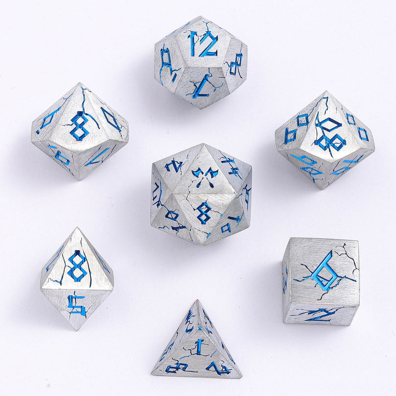 Barbarian Solid Metal Dice Set - Matte Silver and Blue