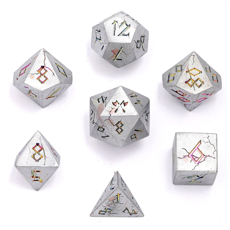 Barbarian Solid Metal Dice Set - Matte Silver and Rainbow