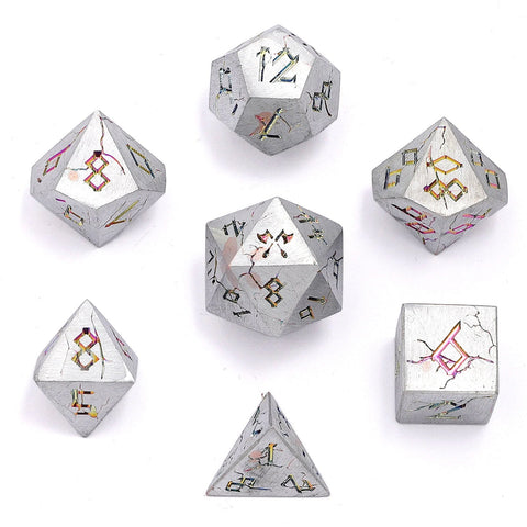 Barbarian Solid Metal Dice Set - Matte Silver and Rainbow