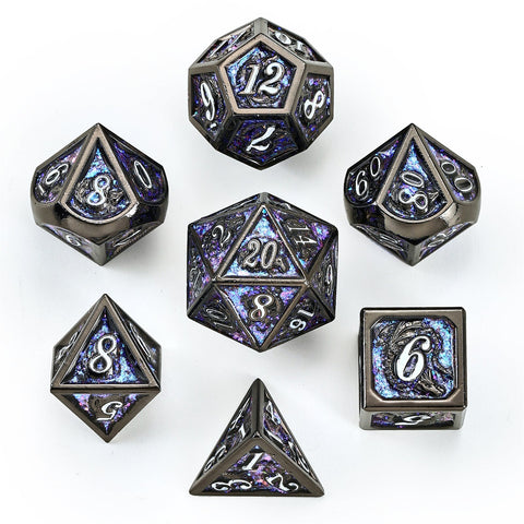 Solid Metal Dragon Dice Set - Gunmetal With Purple