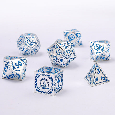 Wizard Solid Metal Dice Set - Silver with Blue