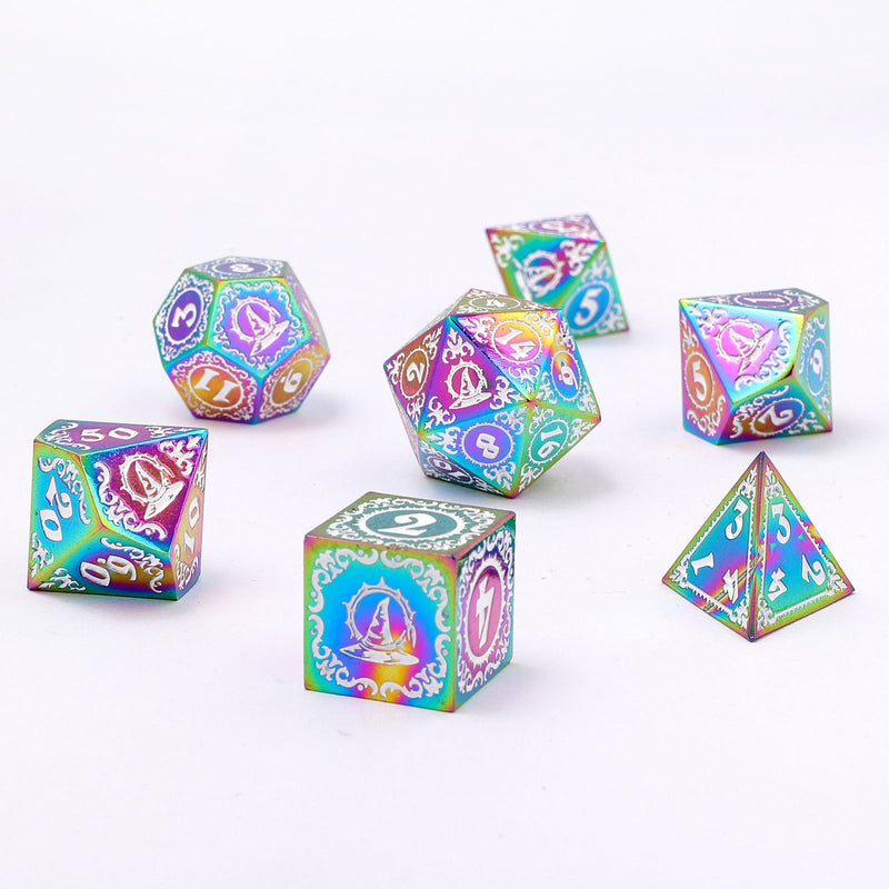 Wizard Solid Metal Dice Set - Rainbow with White