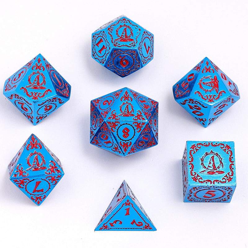 Wizard Solid Metal Dice Set - Blue with Red
