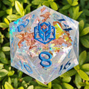 100mm Chonk D20 - Opal w/Blue - Captured Magic hand sanded sharp edge resin