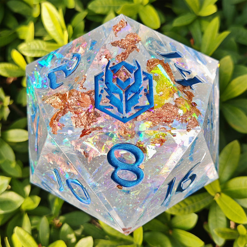 100mm Chonk D20 - Opal w/Blue - Captured Magic hand sanded sharp edge resin