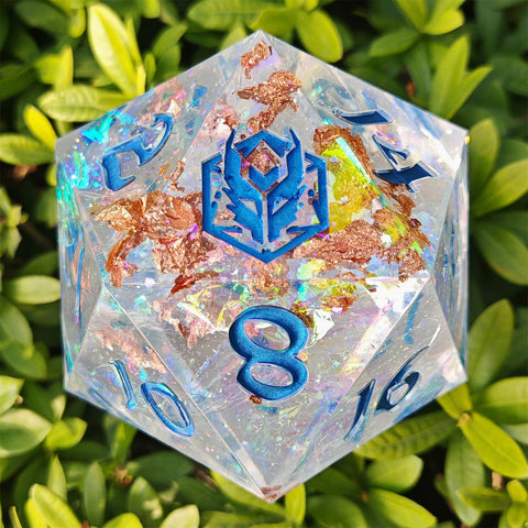 100mm Chonk D20 - Opal w/Blue - Captured Magic hand sanded sharp edge resin