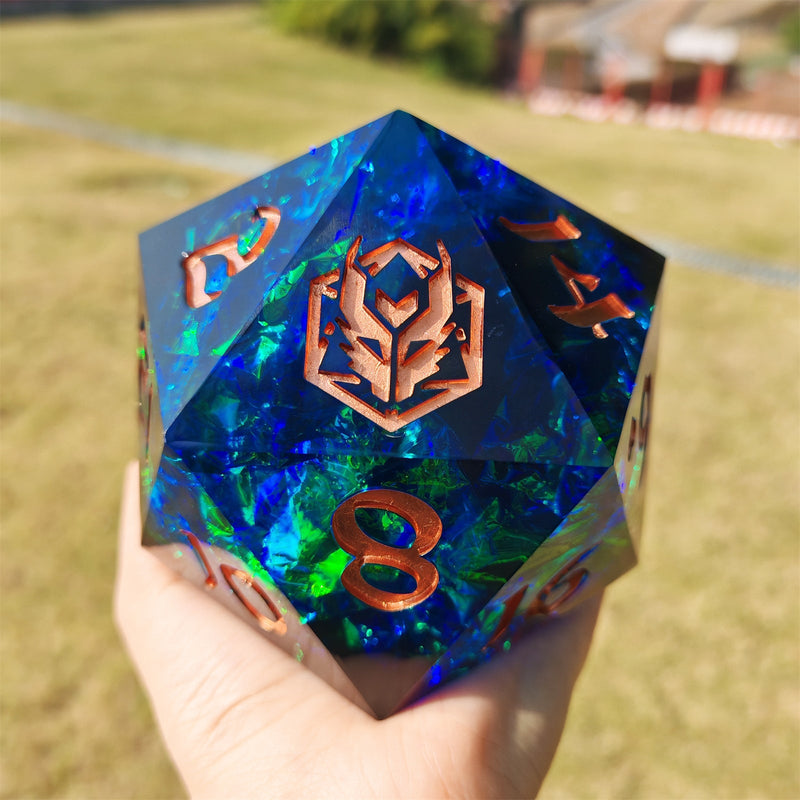 100mm Chonk D20 - Red & Blue - Captured Magic hand sanded sharp edge resin
