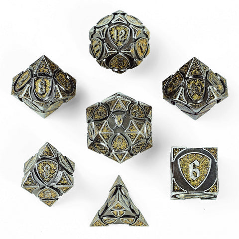 Solid Metal Fighter RPG Dice Set - Ancient Silver w/Yellow Glitter