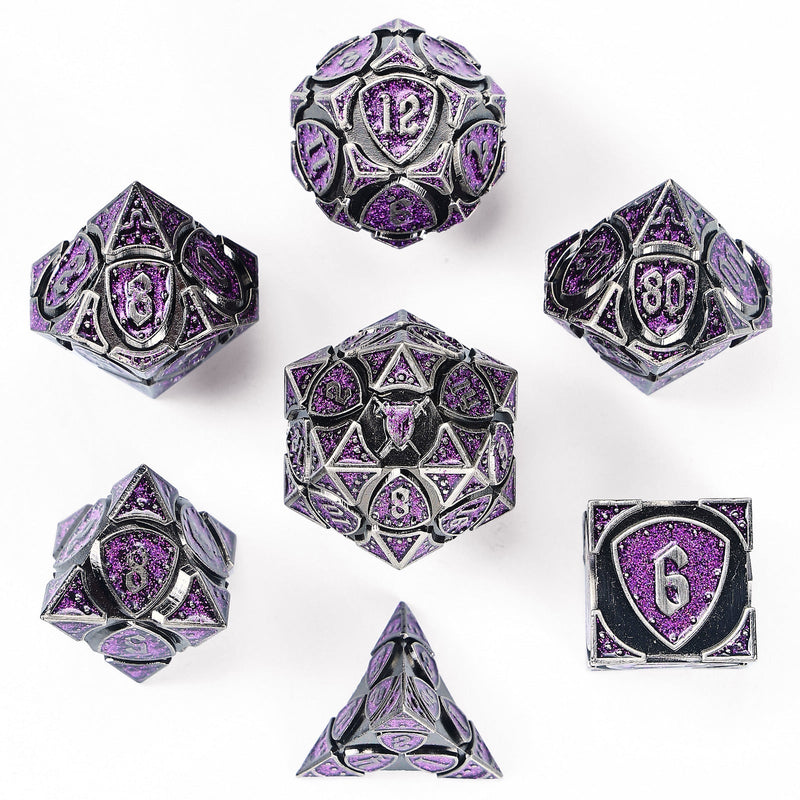 Solid Metal Fighter Class RPG Dice Set - Ancient Silver w/Purple Glitter