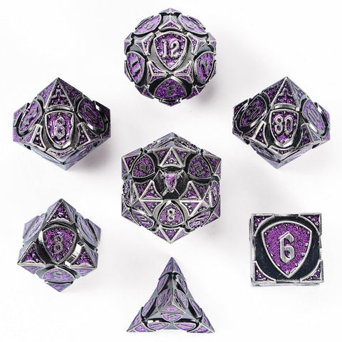 Solid Metal Fighter Class RPG Dice Set - Ancient Silver w/Purple Glitter