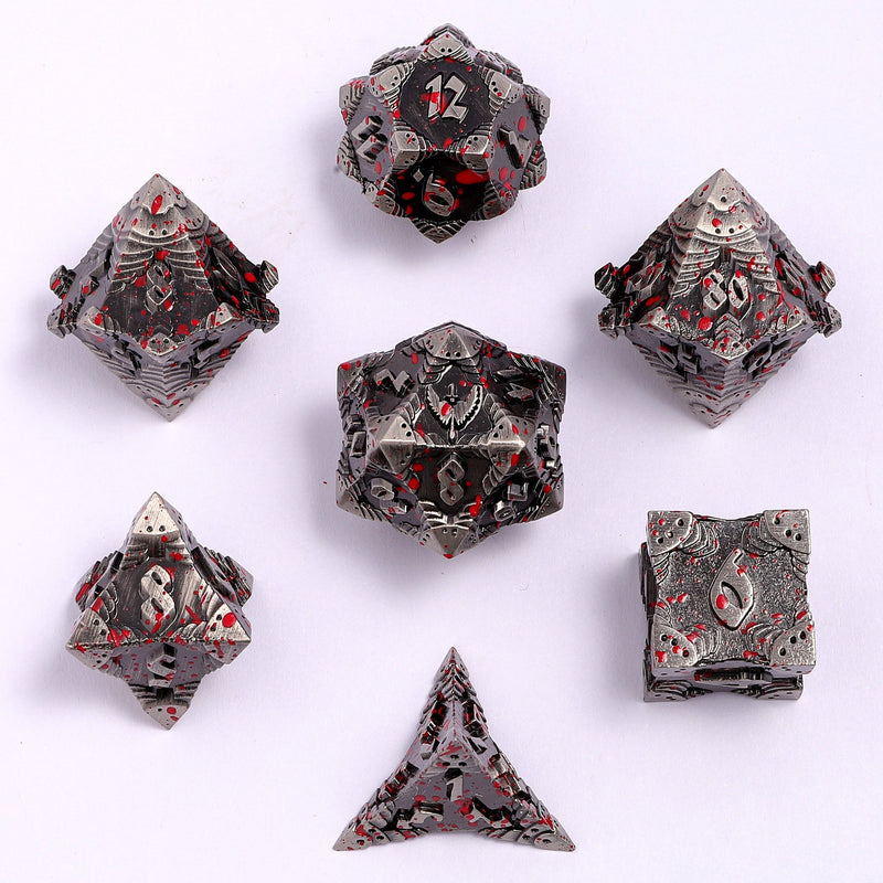 Solid Metal Paladin Class RPG Dice Set - Ancient Silver w/blood spatter