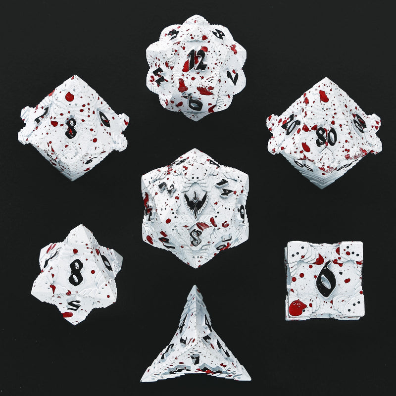 Solid Metal Paladin Class RPG Dice Set - Matt White w/ Blood Spatter