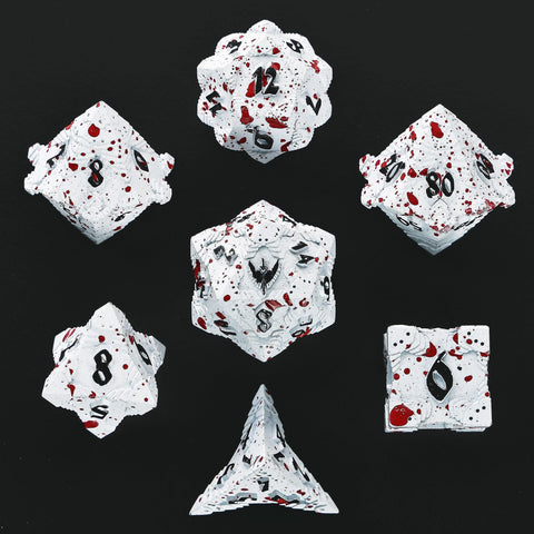 Solid Metal Paladin Class RPG Dice Set - Matt White w/ Blood Spatter