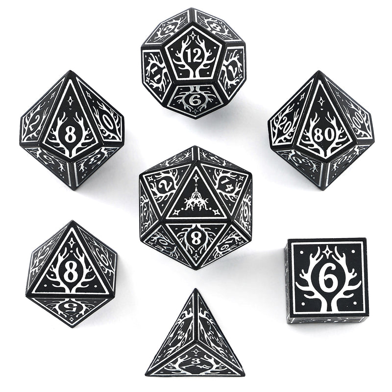 Solid Metal Druid RPG Dice Set - Black w/White