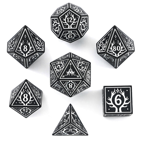 Solid Metal Druid RPG Dice Set - Black w/White