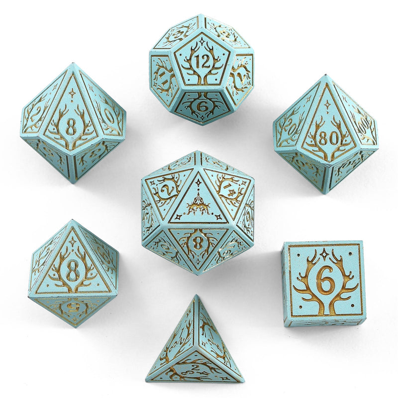 Solid Metal Druid RPG Dice Set - Pale Cyan w/Gold