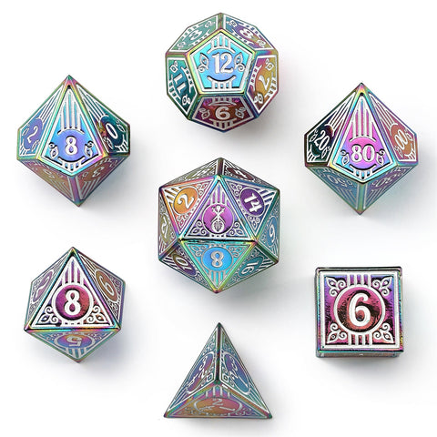 Solid Metal Bard RPG Dice Set - Rainbow w/White