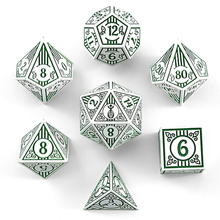 Solid Metal Bard RPG Dice Set - White w/Green