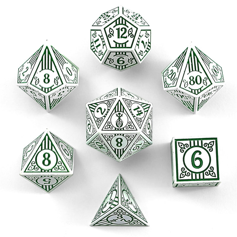 Solid Metal Bard RPG Dice Set - White w/Green