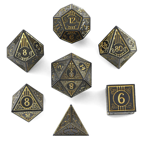 Solid Metal Bard RPG Dice Set - Matt Black w/Gold