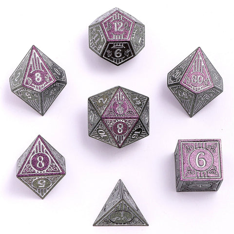 Solid Metal Bard RPG Dice Set - Glitter Purple w/Silver