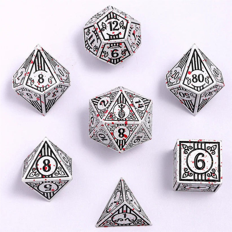 Solid Metal Bard RPG Dice Set - White w/Blood Splatter