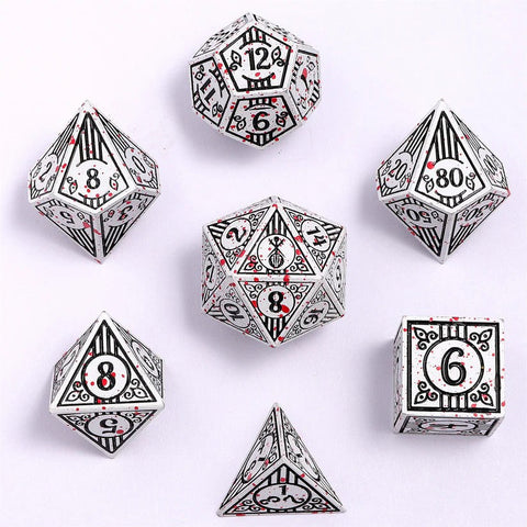 Solid Metal Bard RPG Dice Set - White w/Blood Splatter
