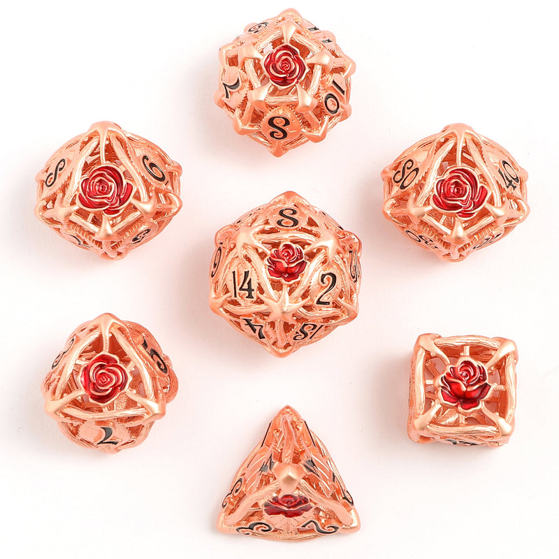 Hollow Metal Rose Dice Set - Rose gold w/Red