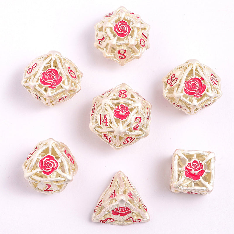 Hollow Metal Rose Dice Set - Matt Silver w/Pink
